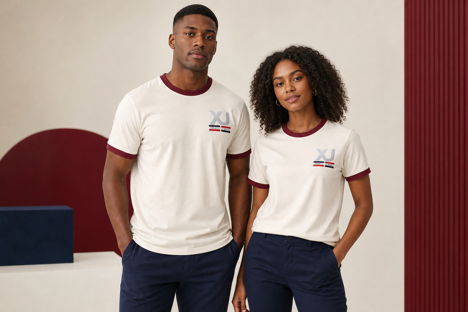 T-shirt blanc cassé à col bordeaux, campagne