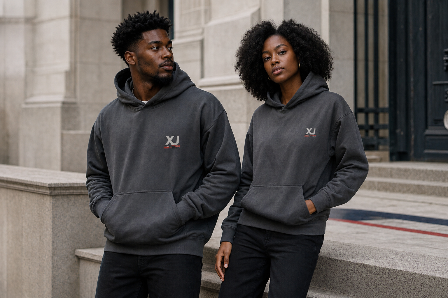 Homme et femme portant le Sweat à capuche XJ gris, vue urbaine